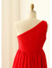 One Shoulder Red Chiffon Pleated Bridesmaid Dress